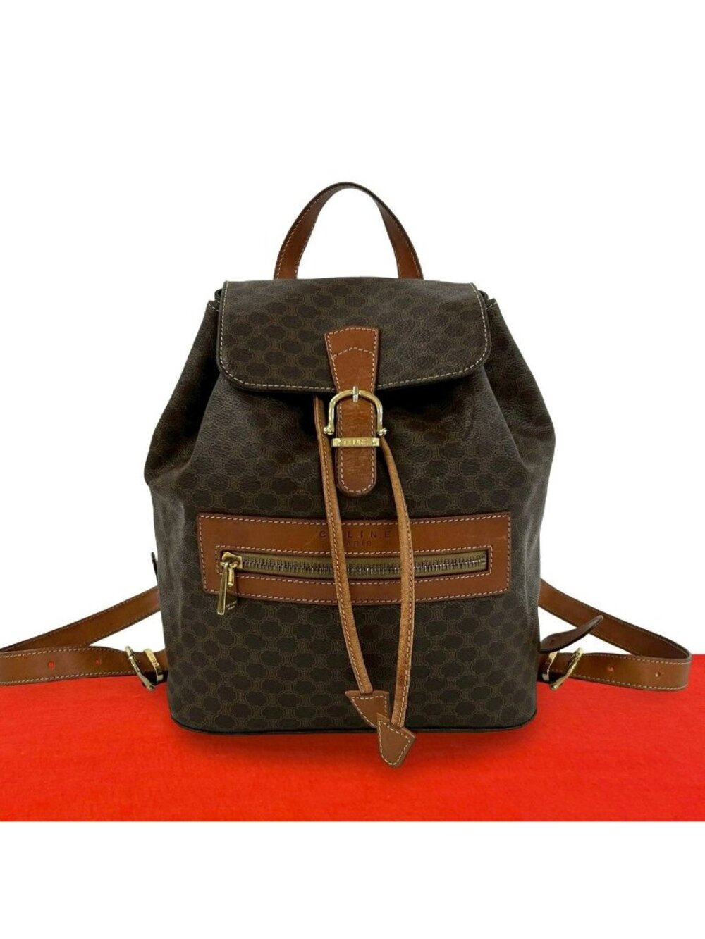 Celine Vintage Macadam Blason Pattern Leather Backpack Brown